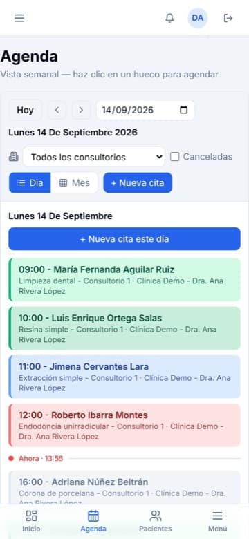 Agenda del día en móvil, con las citas coloreadas según su estado