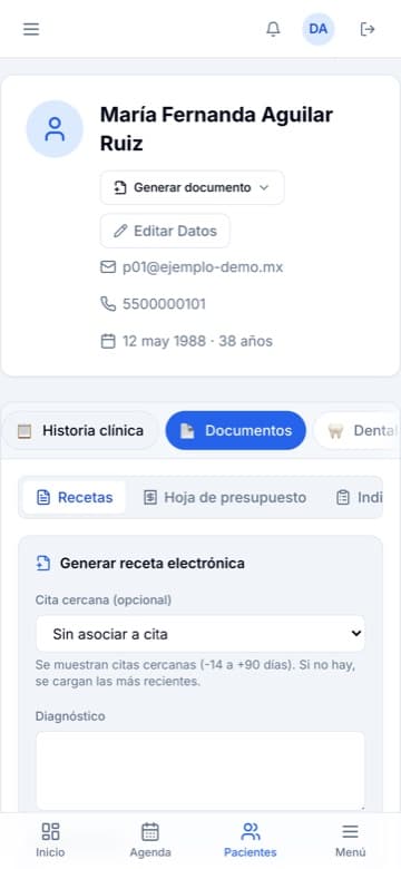 Pestaña de documentos electrónicos del paciente
